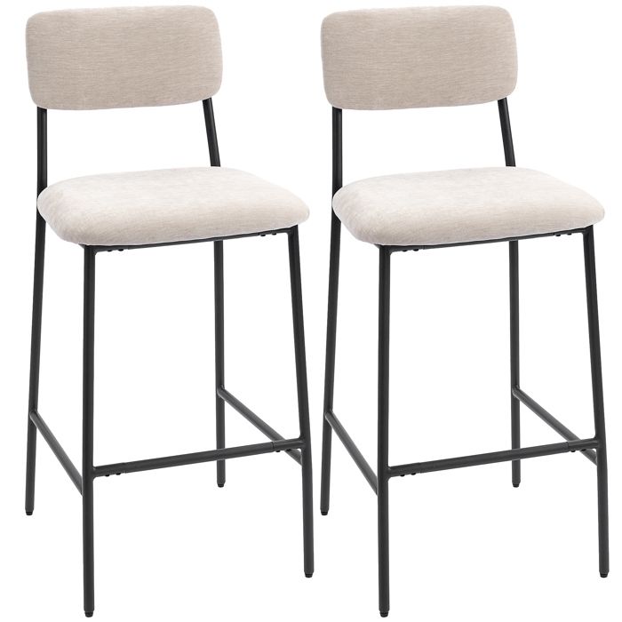 CollaHausse Lot de 2 Tabourets de Bar avec Dossier Haut Repose-pieds et Revêtement en Chenille Couleur Crème