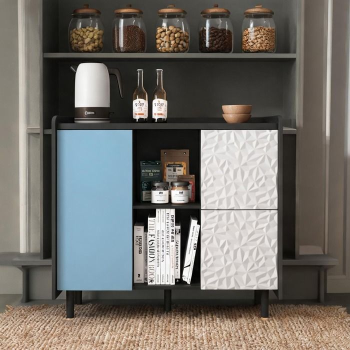 Buffet bas design contemporain en MDF noir et bleu avec 2 tiroirs et niches ouvertes 90x40x80 cm