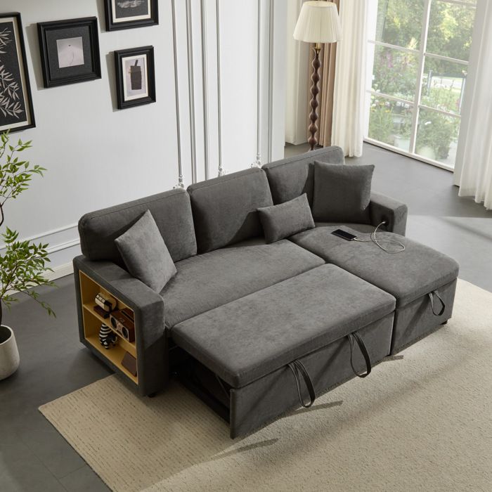 Canape D Angle Convertible Gris Fonce Sofa Reversible FloraGrace Pour Salon Avec Rangement 214x131x87cm