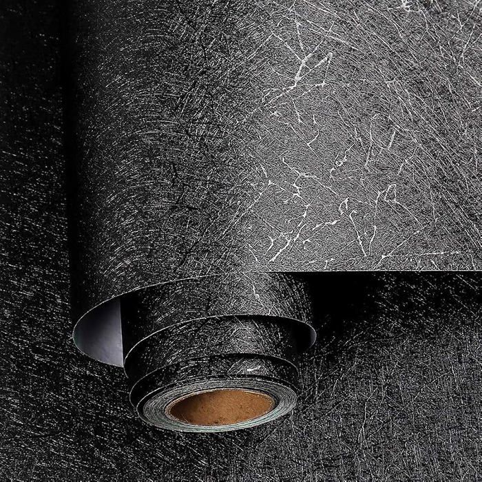 Papier Peint Adhésif Noir avec Motif de Fil de Soie Papier Peint Adhésif Mural Décoratif Amovible Lavable 40 x 200 cm