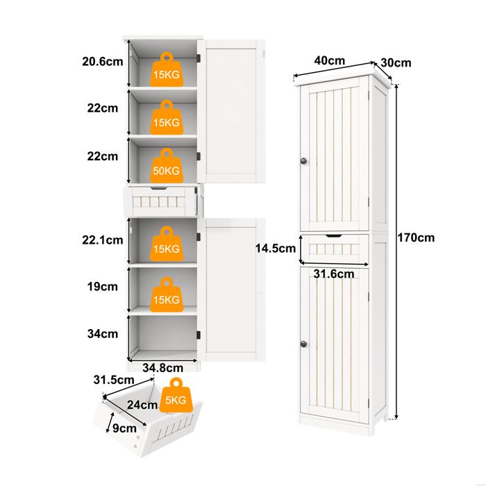 Meuble de rangement cuisine colonne 170 cm 2 portes 1 tiroir avec 4 étagères réglables MDF blanc ORVRYN