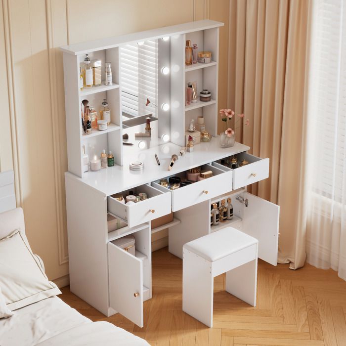 VUENOR Coiffeuse 110 x 40 x 151 cm blanche avec miroir LED reglable et tabouret