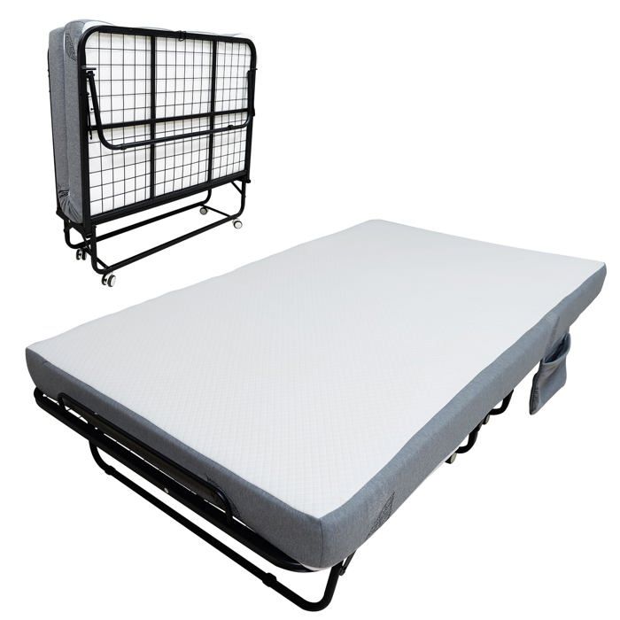 Lit dappoint pliant gain de place - Matelas mémoire 10 cm - Cadre métal roues bloquantes - 190x115 cm - Adultes Maison/Bureau