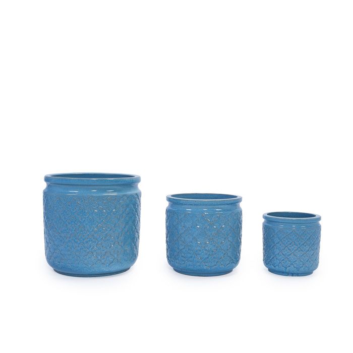 Lot de 3 pots de fleurs en céramique – Bleu antique brillant – Motif géométrique – Trou de drainage – Intérieur/Extérieur