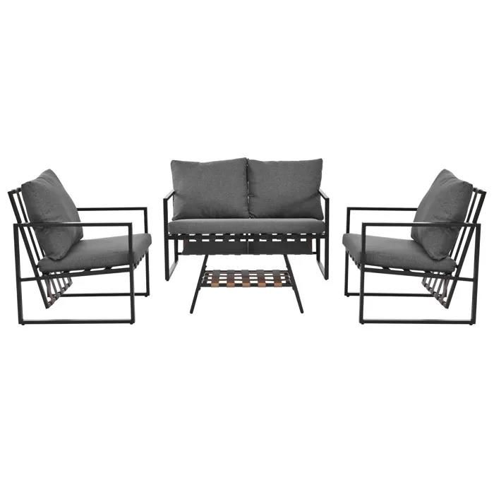 Salon de jardin 4 personnes canapé fauteuiltable basse verre trempé coussins lavables PVC noir style rétroextérieur intérieur