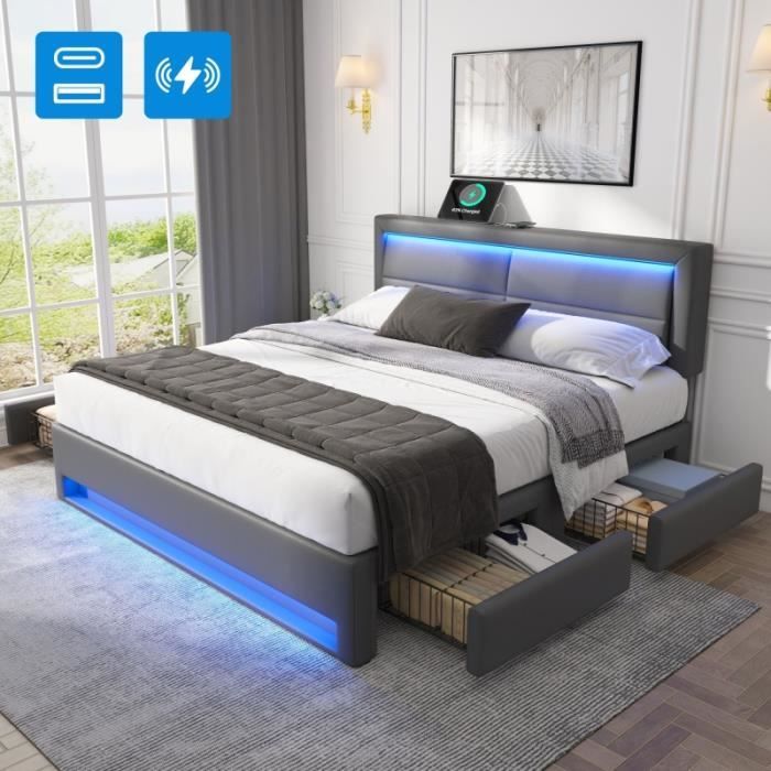 Lit double 140x190 cm avec éclairage 12 couleurs LED et 4 tiroirs - avec 2 port USB - design PU litchi - Gris gris