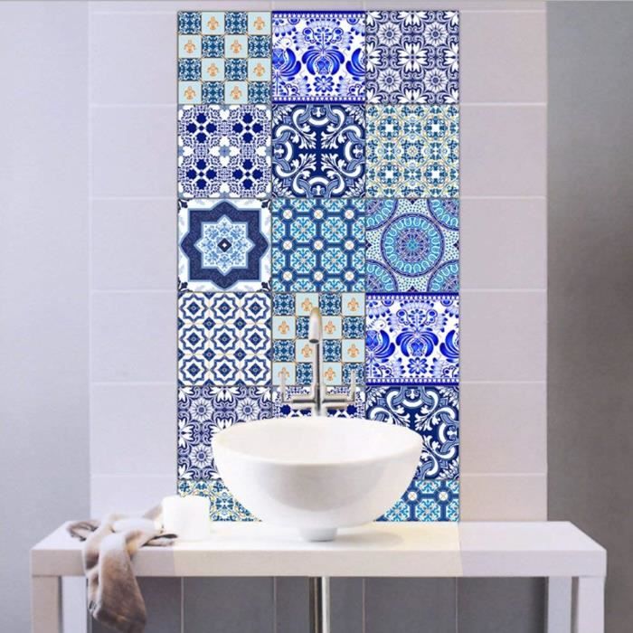 Set De 10 Pcs Sticker Carrelage Autocollant 20x20cm Carrelage Adhesif Mural Etanche Pour Cusine Salle De Bain Style Porcelaine Bleu Cdiscount Maison
