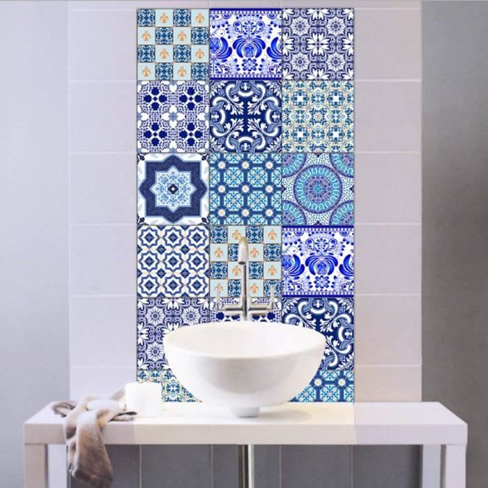 Set de 10 Pcs Sticker Carrelage Autocollant 20x20cm Carrelage Adhésif Mural  Étanche pour Cusine Salle de Bain (Style porcelaine bleu