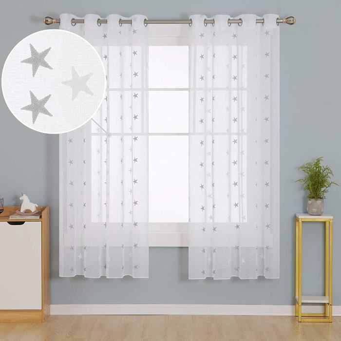 Deconovo Lot De 2 Rideaux Voilages Broderie Étoiles Blanc Et Vert 140x240 Cm - Effet Lin Salon Chambre