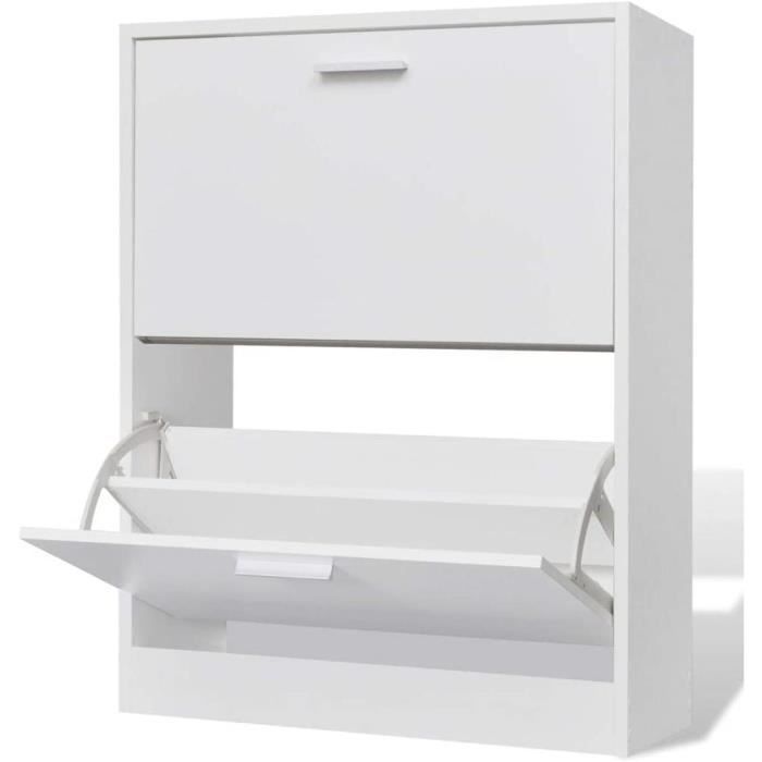 Meuble à Chaussures Bois 2 Compartiments Blanc Armoire de Rangement[Z431]
