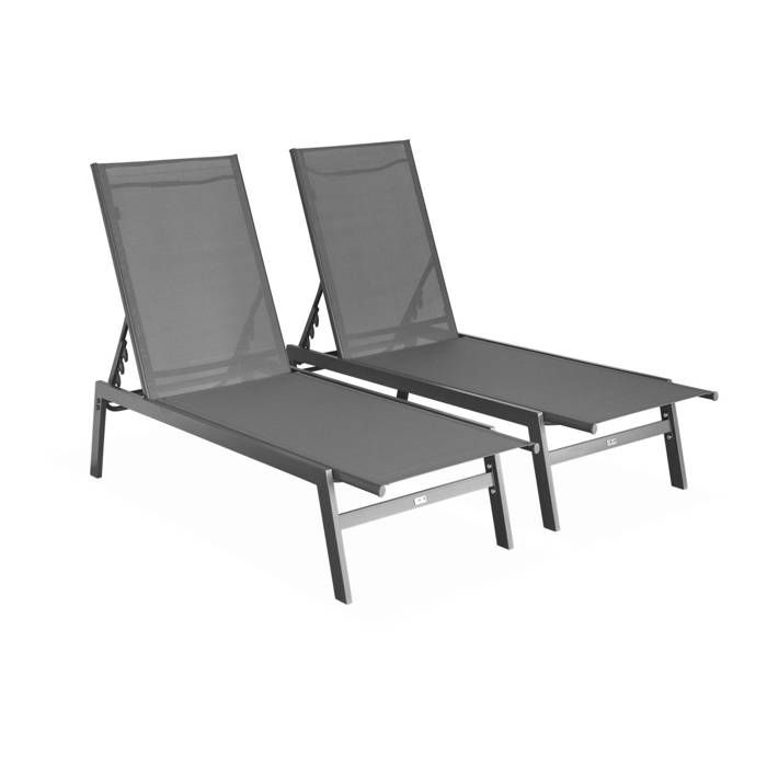 Lot de 2 transats anthracite. 5 positions. en textilène et métal. FLORA. L155 x P59 x H106cm