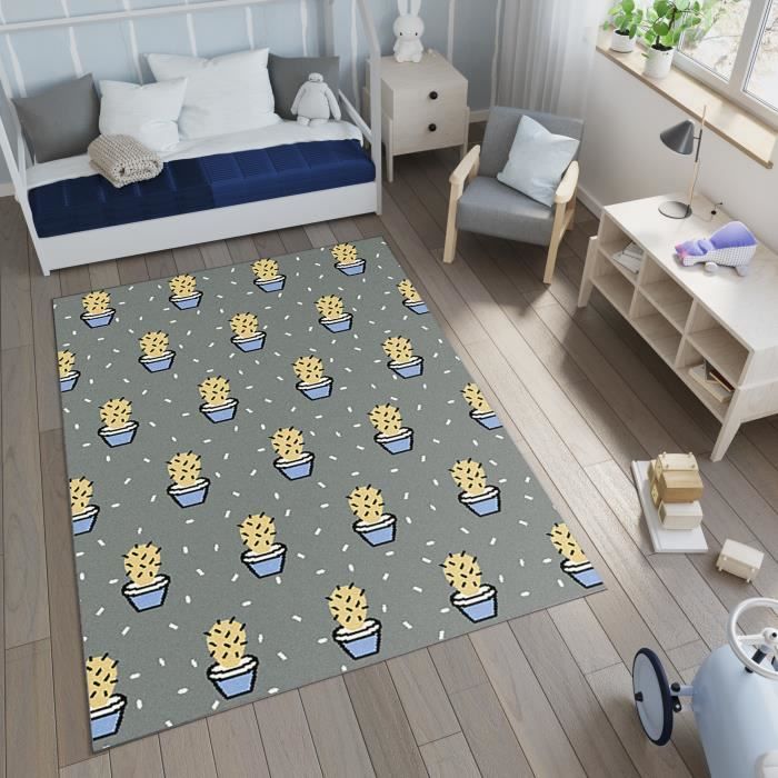 Tapiso Tapis De Chambre Enfant Bebe Ado Moderne Cactus Gris Jaune