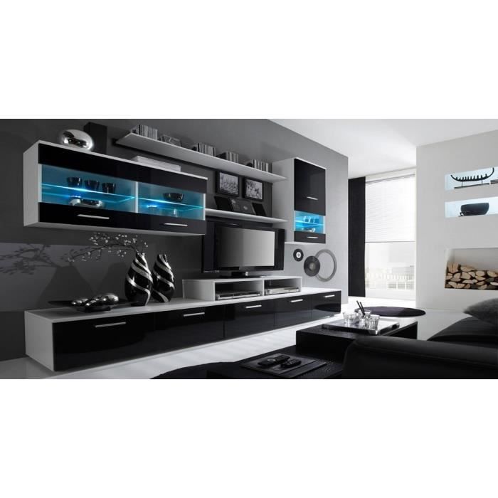 Skraut Home - Ensemble de meubles de salon-séjour avec ilumination LED, Blanc Mat/Noir Laqué. 250x194x42cm