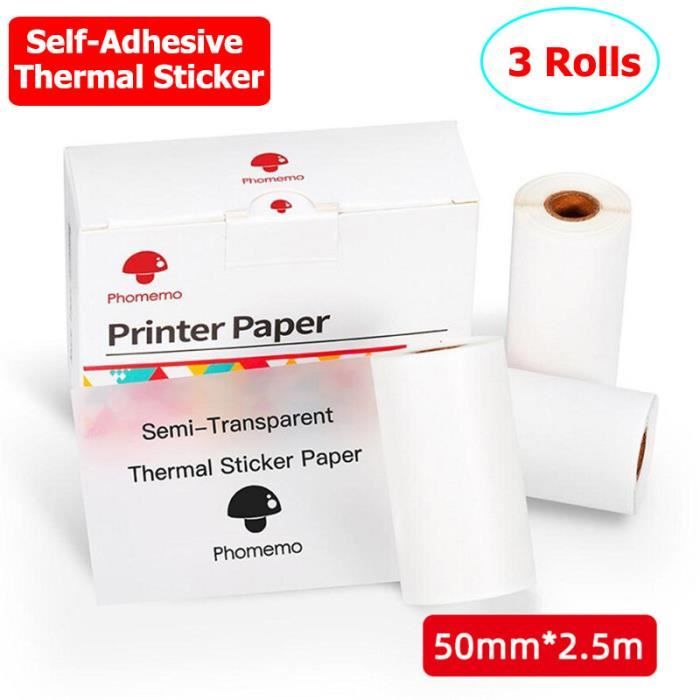 Memoking T02/M02X/M02L Lot de 3 rouleaux de papier thermique blanc adhésif 50 mm x 3,5 m pour journal, photo, texte, notes d'étude et plus encore