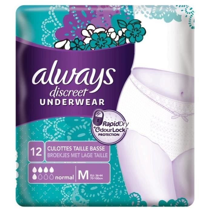 LOT DE 10] Culottes pour fuites urinaires Femme ALWAYS DISCREET - Taille M  - Incontinence modérée x12 - Soit 120 culottes - Cdiscount Santé - Mieux  vivre