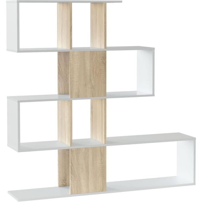 Bibliothèque étagère ZIGZAG - Chêne et blanc - 4 niveaux - Mélamine - 145 x 145 x 28 cm
