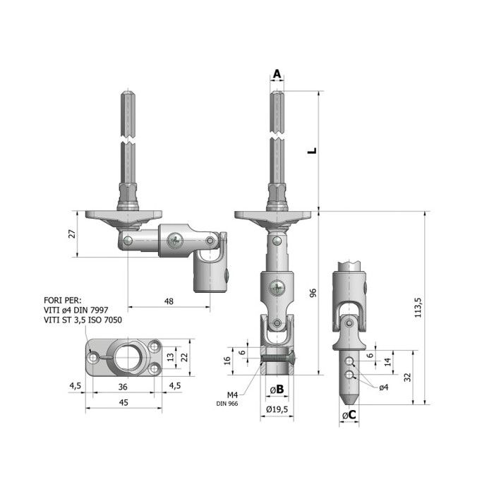 Sortie de caisson volet roulant - CHERUBINI - 80667032V1316 - 30° pliable - Tige hexagonale 7x300 mm - Platine nylon 22x45 mm