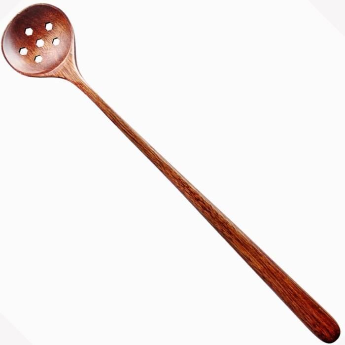 Cuillère à Fentes En Teck Naturel - Long Manche 28 Cm - Trou De Suspension - Pour Cuisiner, Brasser, Remuer