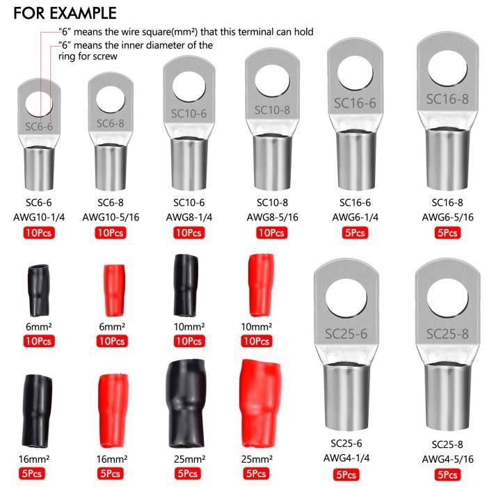 120 Pièces Kit Cosses Electriques pour Voiture avec Sertir Bornes de Batterie Connecteur SC Aperçu de la Bouche Noir et Rouge