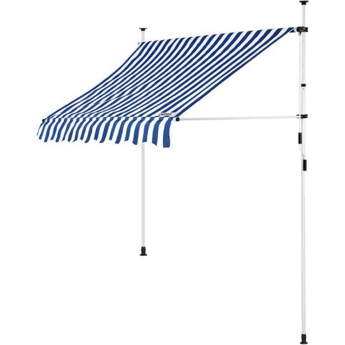 Store banne manuel rétractable Auvent terrasse Marquise sans perçage Manivelle Hauteur réglable Bleu-Blanc 180x150cm