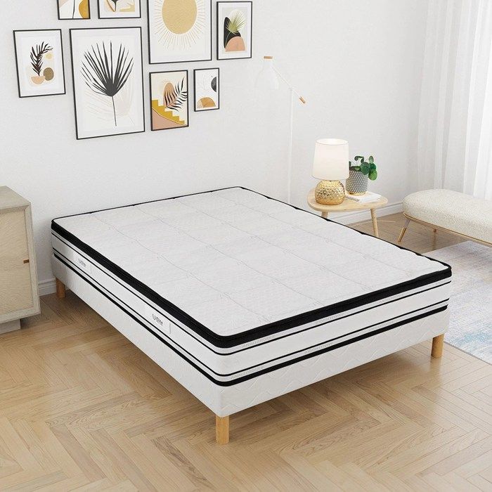 Ensemble GRAND CONFORT Sommier + Matelas 140x200 cm Hauteur 22cm Aération optimisée 4 Pieds Confort ferme
