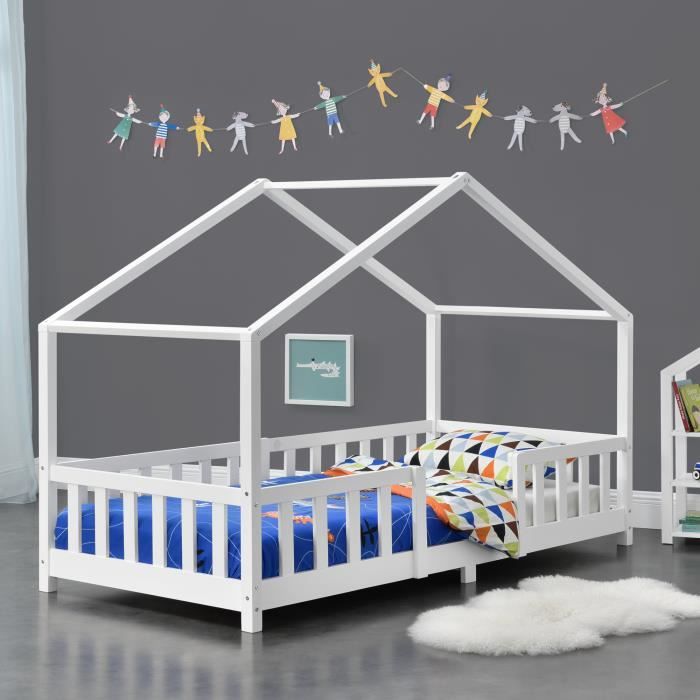 Lit d'Enfant Forme Maison avec Grille de Protection Treviolo  200 x 90 cm Blanc Mat Laqu&eacute;