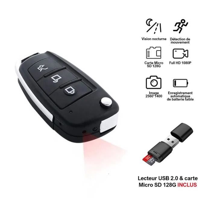 Mini Caméra Cachée Y3 Clé Voiture Full HD 1080P Détection De Mouvement Vision Nocturne Extérieur + Lecteur USB 2.0 + Carte SD 128G