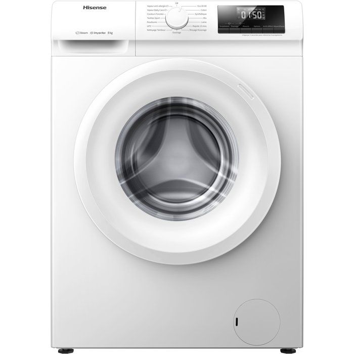Lave-linge hublot HISENSE WFLE8014EVM - 8 kg - Induction - 1400 trs/min - Classe A - Vapeur - Quick wash - Blanc