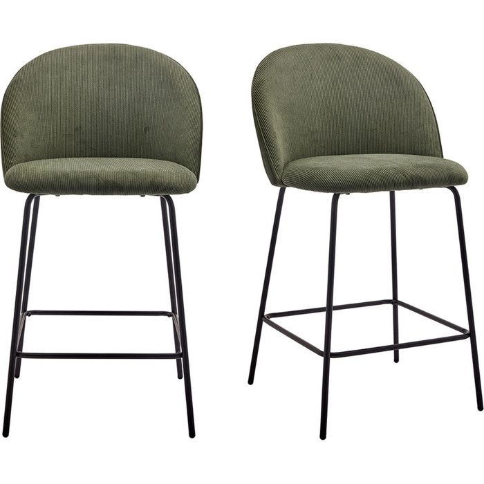 Lot de 2 tabourets de bar en velours côtelé vert piètement noir - Alta Lot de 2 tabourets de bar en velours côtelé vert piètement noir - Alta