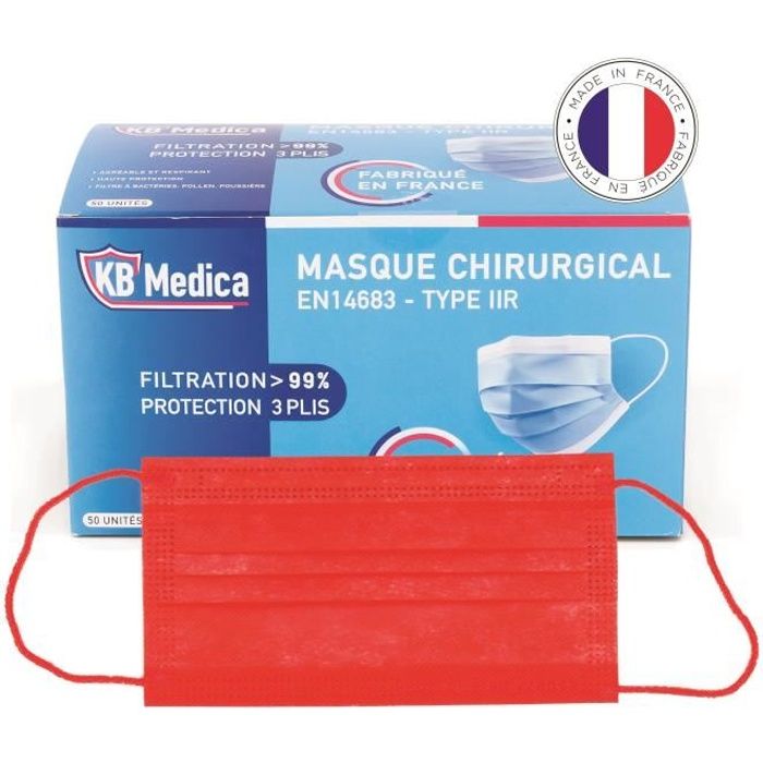 Masques ADULTE ROUGES - fabriqués en France - boite de 50 masques  chirurgicaux de type II R - Cdiscount Santé - Mieux vivre
