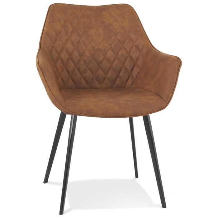 chaise avec accoudoirs vaffla gauffrée en microfibre brune et pieds en métal noir - dimensions : 61x63x80 cm