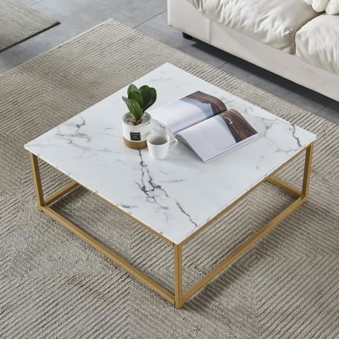 MUEBLES COSY Table Basse CarréStructure en Métal DoréPlateau en Panneau MDF avec Finition Papier Imitation marbreStyle Scandinave
