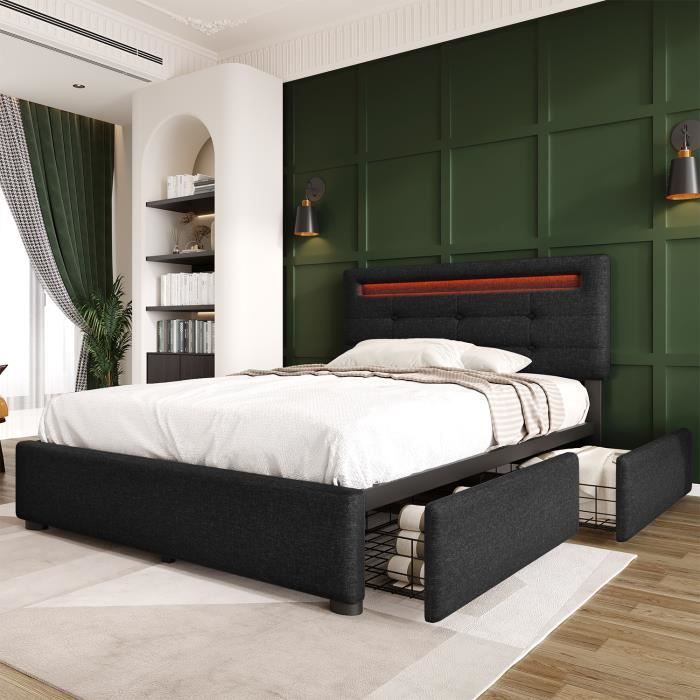 Lit Coffre avec LED - MODERNLUXE - 90 x 200 cm - Bois massif - 2 tiroirs - Noir Lit Coffre avec LED - MODERNLUXE - 90 x 200 cm - Bois massif - 2 tiroirs - Noir