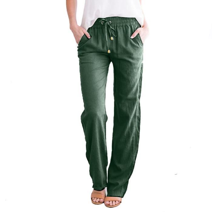 Pantalon Ample Décontracté à jambe Large en coton et Lin de couleur unie pour Femmes Vert