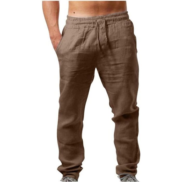 Pantalon homme Sasaquoy Poches élastiques décontractées de couleur unie, pantalon à cordon en coton et lin Brun