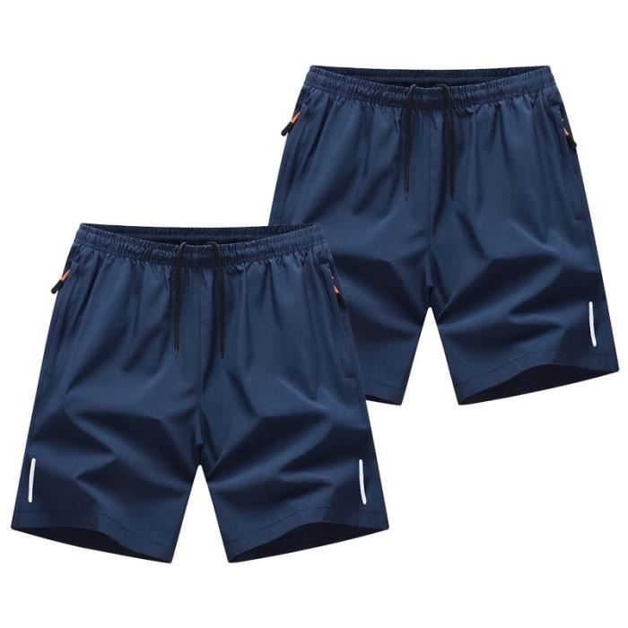 Lot de 2 Short De Sport Homme Avec Poches Taille Elastique Séchage Rapide Short Léger Ete Respirant Couleur Unie - Bleu Bleu