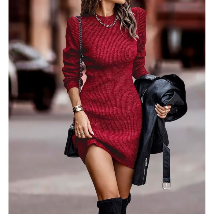 Robe Pull Femme Hiver Automne Rouge Chic et Confortable Mi Longue  Robe Moulante