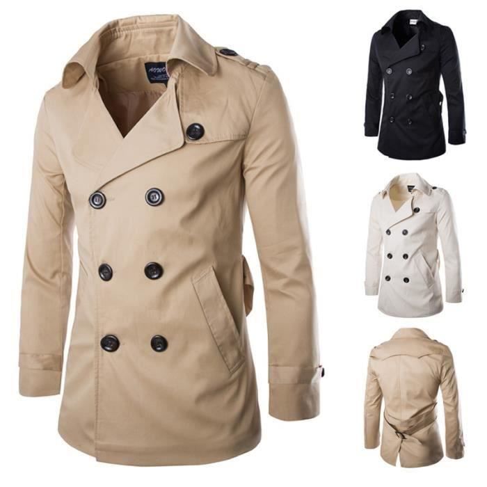 Trench Coat Mode Hommes Manteau solide double mamelues veste a manches Turn Col Surtout Homme 2015 Nouveau Kaki Cdiscount Pret a Porter