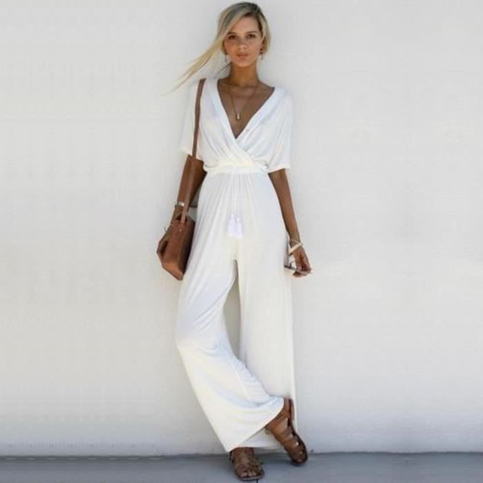 KJEHOME Combinaison Femme Combinaison Pantalon Decontractee Couleur Unie a Jambes Larges a Col en V Blanc HAIKEYI Blanc Cdiscount Pret a Porter