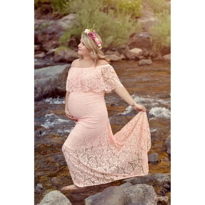 Robe Photo Maternité En Dentelle - Modèle Fantaisie épaule Dénudée Florale, Pour Shooting Grossesse