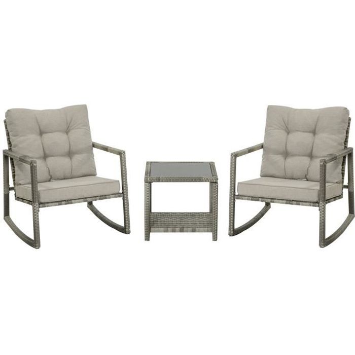 Outsunny Salon de jardin 2 personnes 3 pièces 2 chaises à bascule avec coussins + table basse plateau verre trempé rotin gris