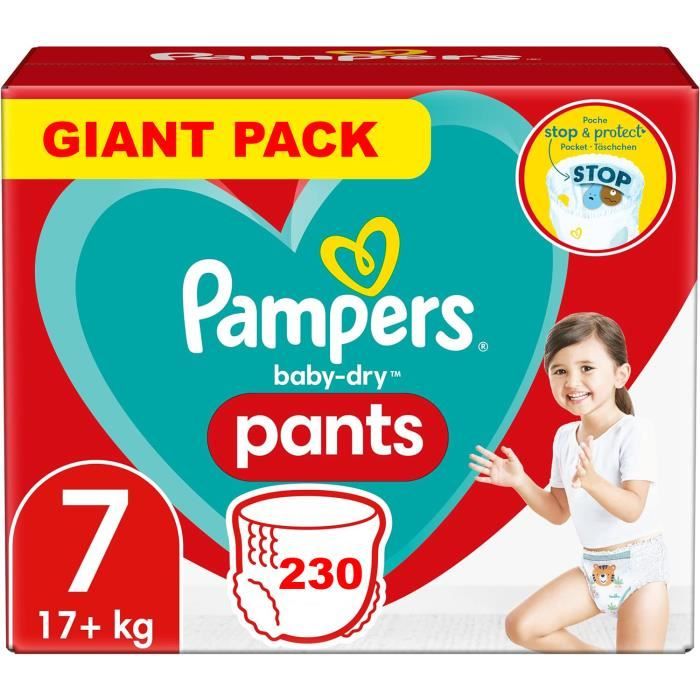 Pampers Baby-Dry Taille 7 - 230 Couches-Culottes (+17 Kg), Ultra Absorbantes, Testées Dermatologiquement