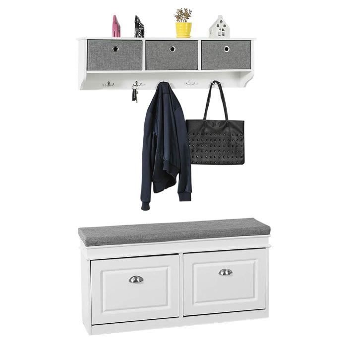 SoBuy FSR64-W + FRG282-W Set de Banc de Rangement avec Coussin Rembourré 2 abattants + Meuble dEntrée Portemanteau Mural 3