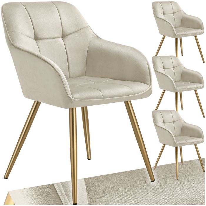 Chaise - TECTAKE - Lot de 4 chaises MARYLIN effet velours capitonné rembourrée et pieds acier doré 58 x 62 x 82 cm - Crème/Or