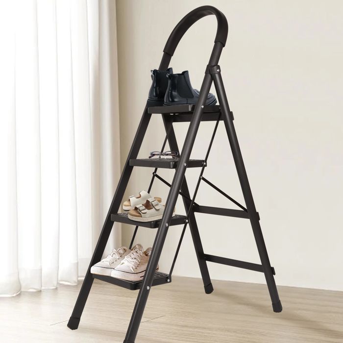 Tabouret-échelle Pliable 4 Marches – SEGAWE, Noir, Antidérapant, Charge 150 Kg