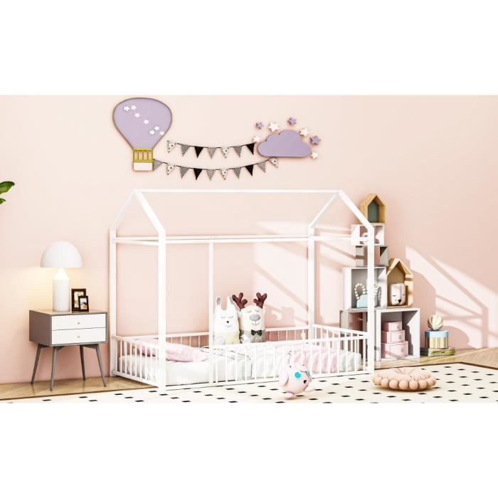 Lit enfant Lit 140x200 cm lit maison en métal cadre de lit avec clôture Lit  d'enfant rose