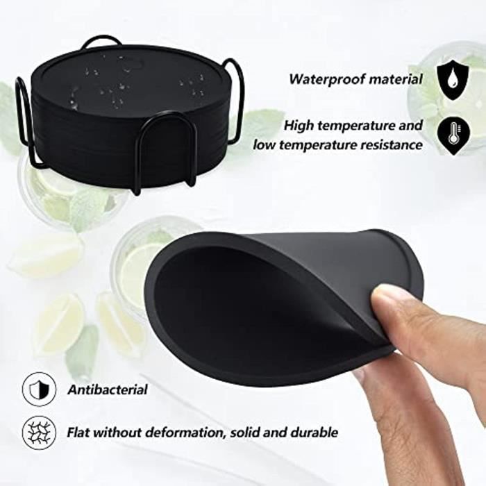 Isolation Thermique Verres 12 Dessous De Verre En Silicone Noir - 10cm, Antidérapants - Avec Support Métal - Protection Tables Accessoire Table Antidérapant