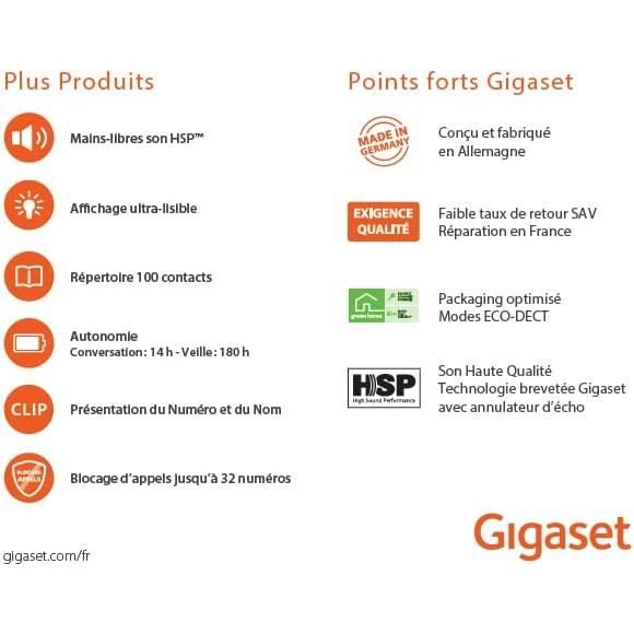 Gigaset A695A Duo - 2 téléphones DECT sans fil avec répondeur - écran à  haut contraste - excellente qualité audio - profils sonores réglables 