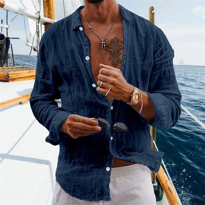 Chemise Homme Manches Longues ete Chemises Cotton Lin Col Mao Shirts Decontractee Bouton LeGer Shirt Top D eTe Plage Vocation marine bleu marine Cdiscount Pret a Porter