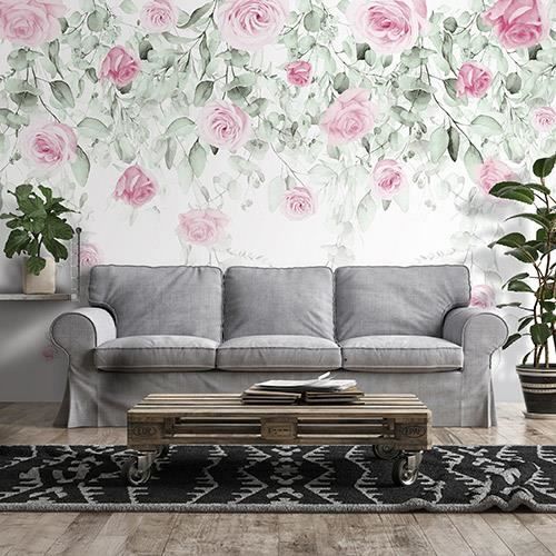 Papier Peint Intissé Panoramique Floral Roses Feuilles 368x254 cm Rose ...